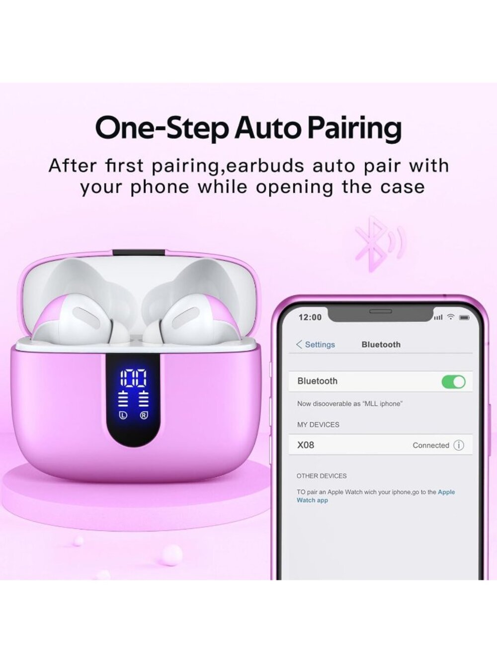 Wireless Sunset Pink 60H Playback LED Power Display Waterproof Bluetooth Earbud - Picture 5 of 6